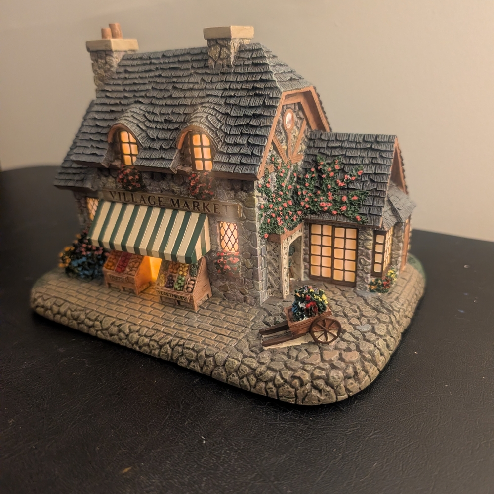 Thomas Kinkade Village Market Cottage - Gray Roof with Green Awning